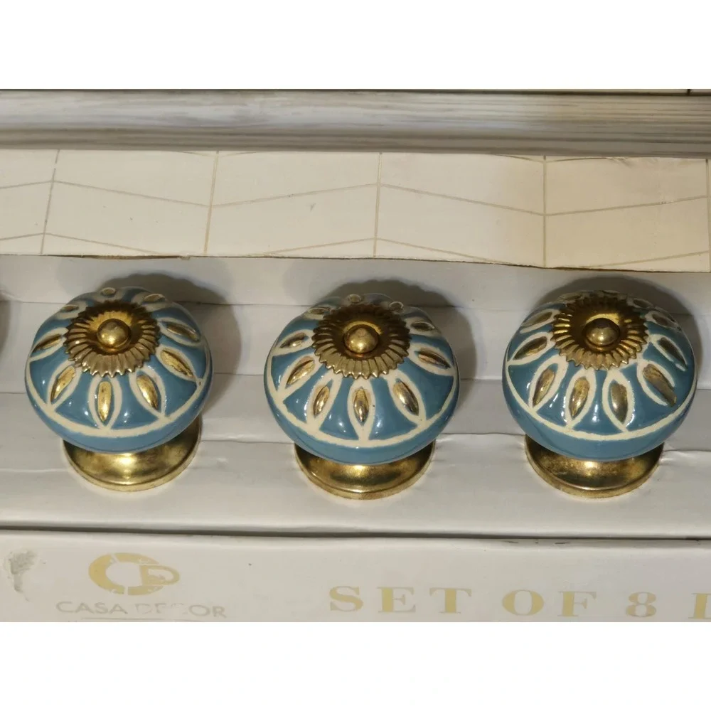 Set 8 Casa Decor Ceramic Drawer Cabinet Pull Knobs Handmade Turquoise & Gold NIB